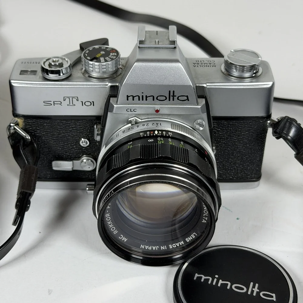 Vintage Minolta SR-T 101 35mm SLR Camera Lot w/ Lenses & Flash - Storage F-15
